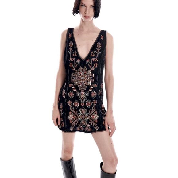 Zara Velvet Dress Black Aztec Beaded Sequin Sleeveless Whimsigoth Mini - Picture 3 of 12